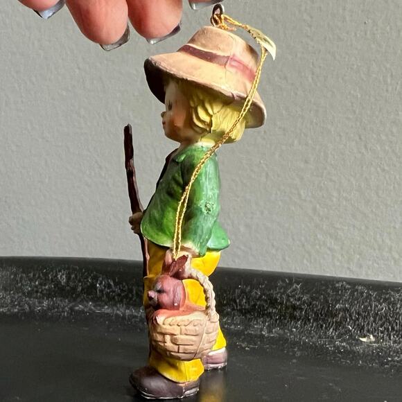 Vintage Boy Walking Stick Basket - Rabbit 3 1/4" Tall Hanging Holiday Ornament - Picture 4 of 8
